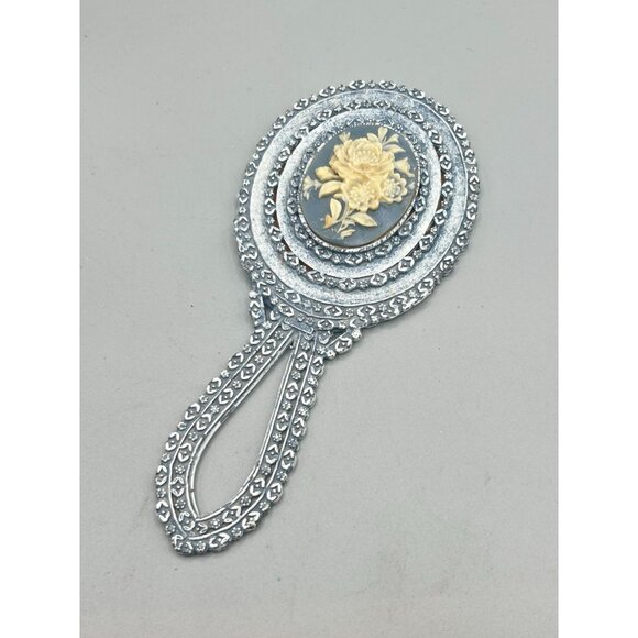 Vintage Florenza Small Hand Mirror Dusty Blue Enamel with Floral Resin Cameo - Picture 7 of 12